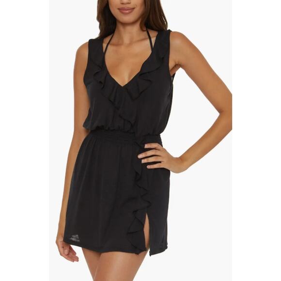 BECCA Women's Breezy Basics Beach Cover Ups Dress Small Black Ruffle Neck NWT - Picture 1 of 13